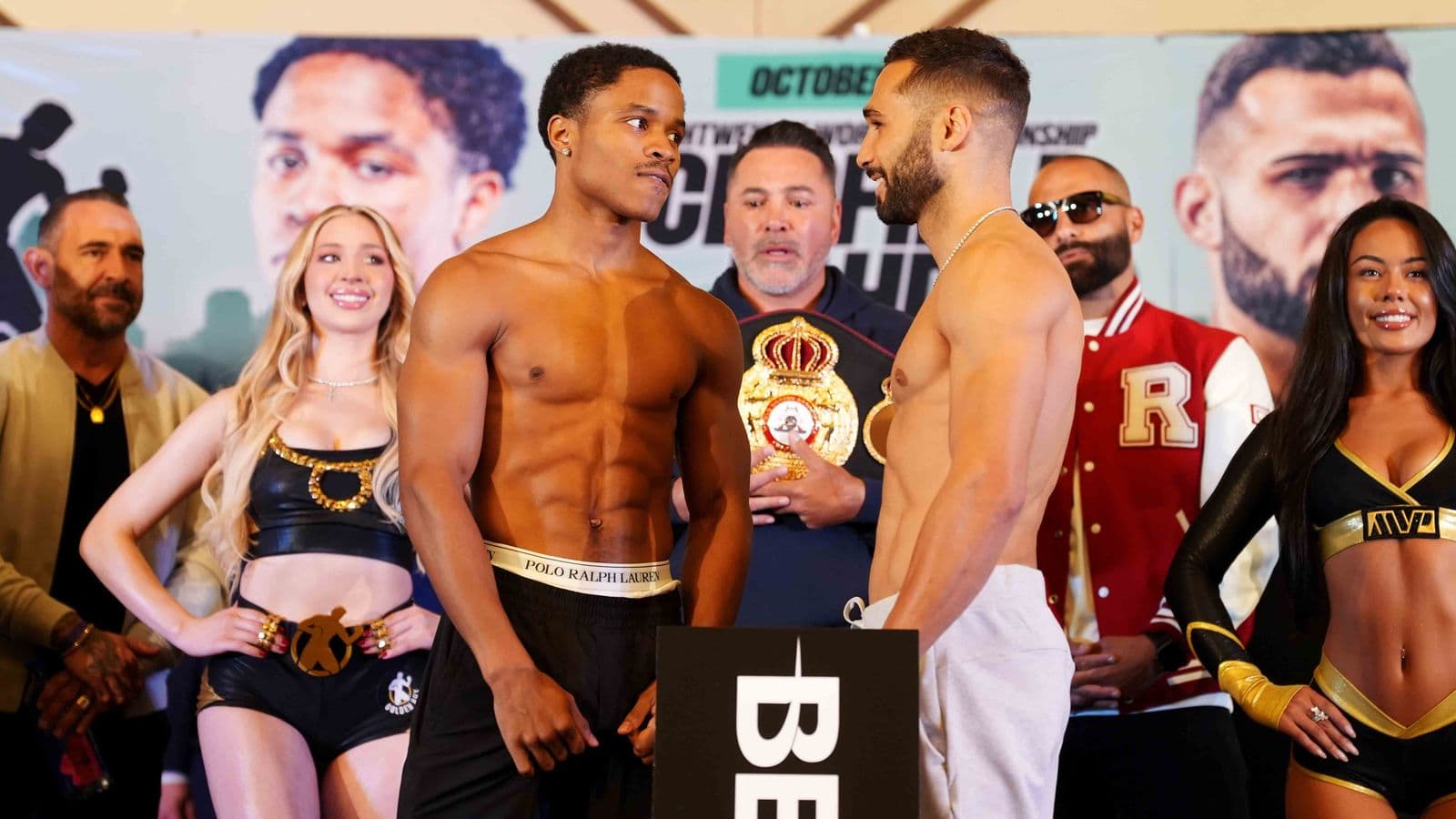 Floyd Schofield III and Lucas Bahdi at the weigh-in