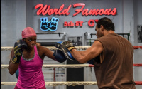 Claressa Shields and Ivana Habazin media workout training pads