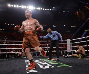 saul alvarez Canelo decisions Edga Berlanga knockdown fight highlights watch scores judges wiki boxrec