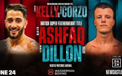 Super featherweights Liam Dillon and Qais Ashfaq clash for the British title on Kelly-Corzo card newcastle fight tv channel dazn wasserman boxing tickets vertu motors arena how to watch