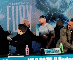 Tommy Fury vs Darren Till presser descends into chaos after John Fury hurls water over UFC star watch clip fight oddschecker betting odds bets tv channel dazn ppv